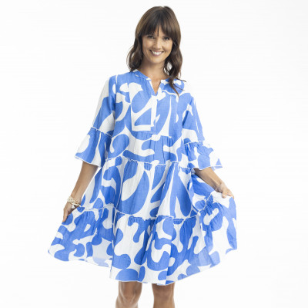 Orientique Print Linen 3/4 Sleeve Layered Summer Dress