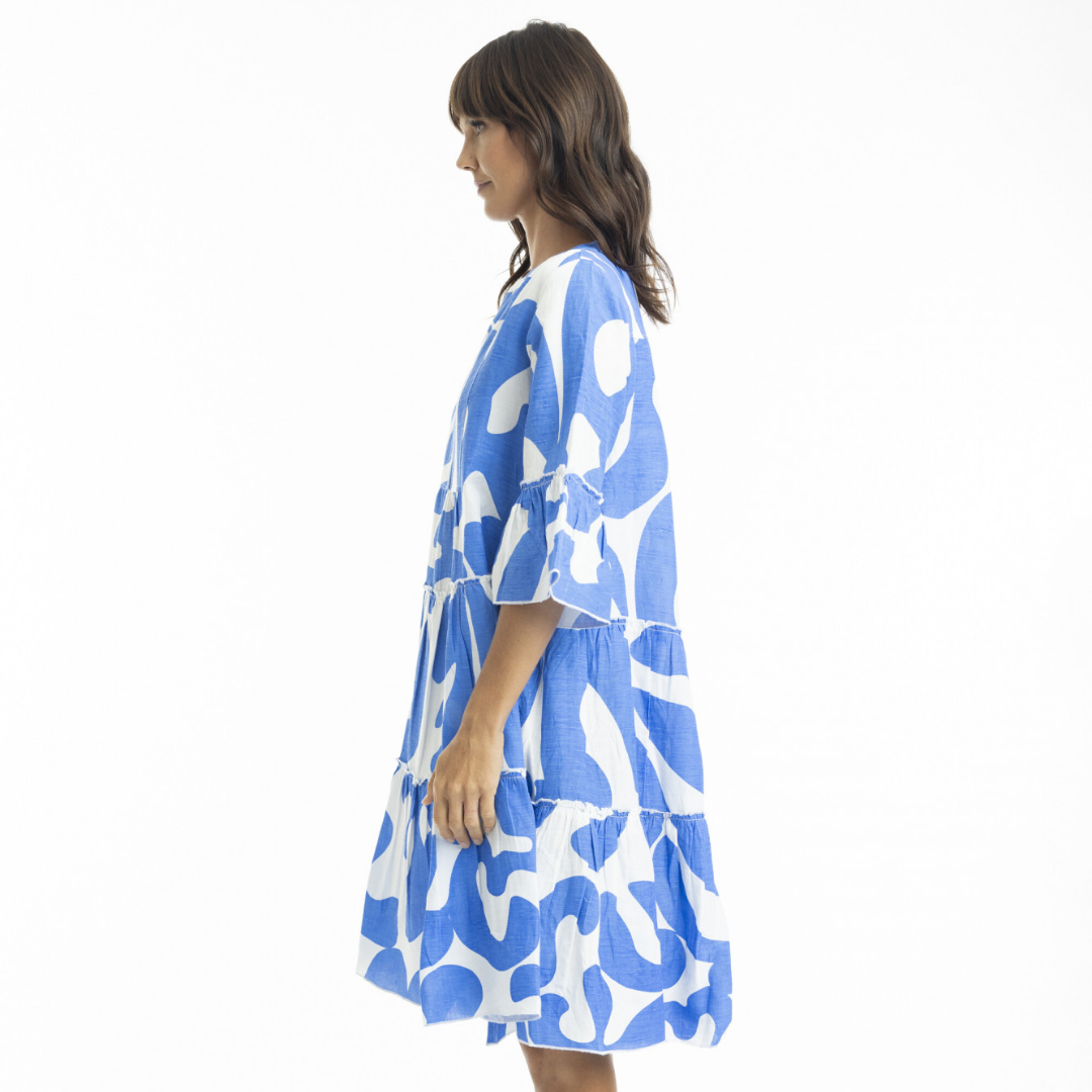 Orientique Print Linen 3/4 Sleeve Layered Summer Dress