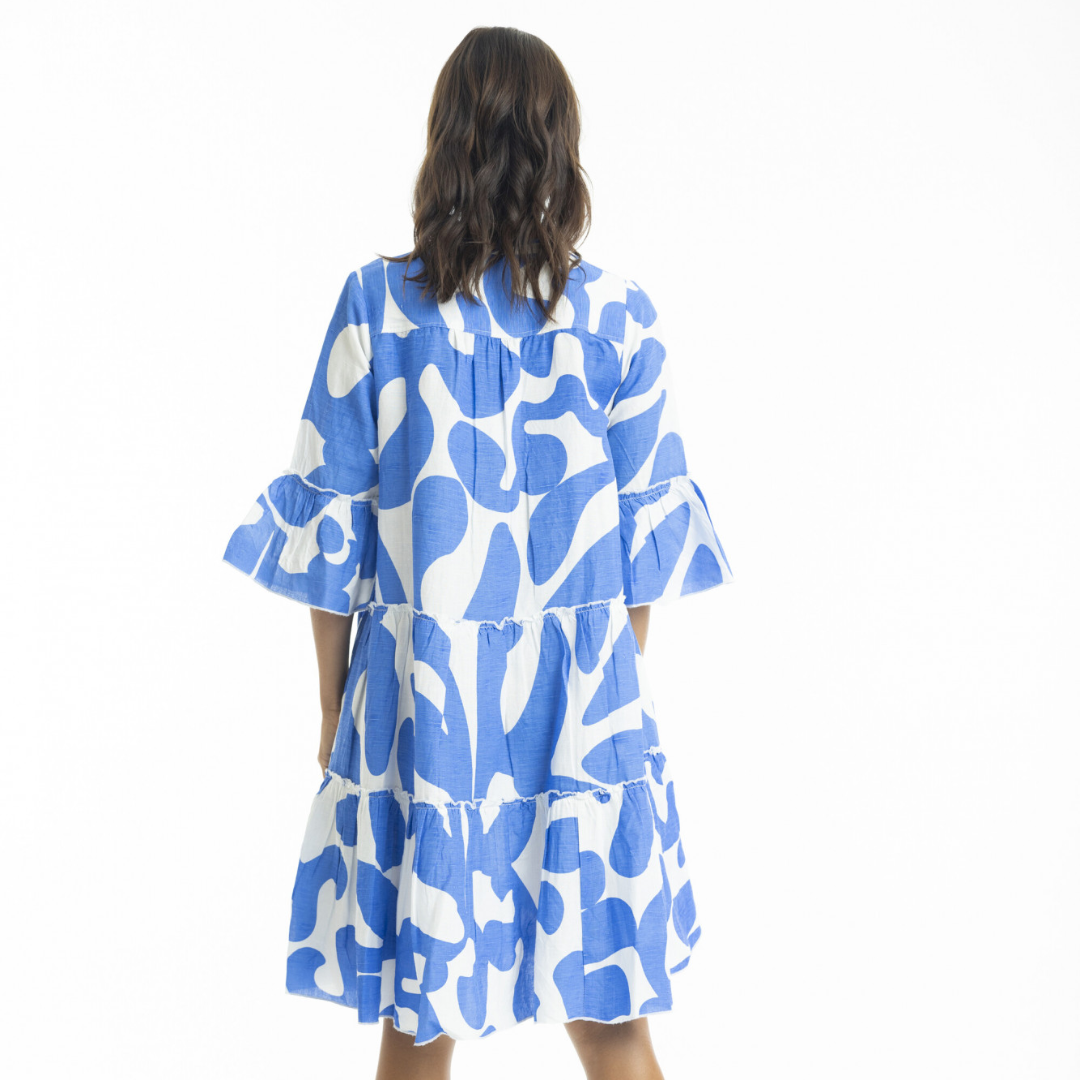 Orientique Print Linen 3/4 Sleeve Layered Summer Dress