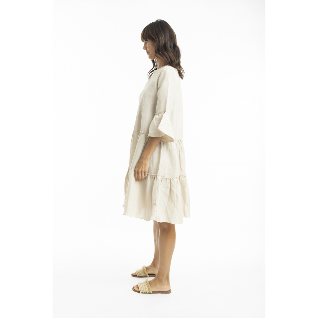 Orientique Linen Blend 3/4 Sleeve Layered Dress