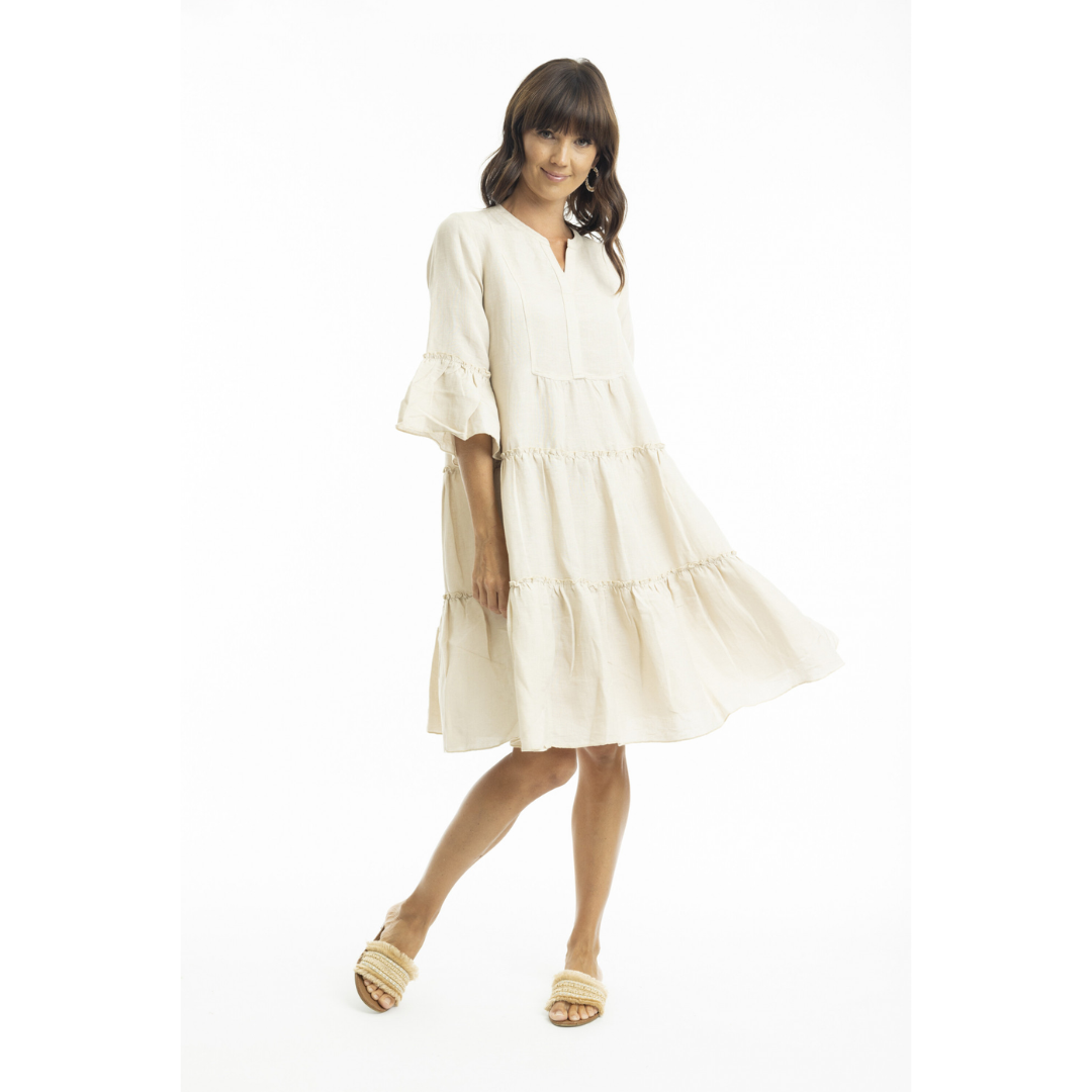 Orientique Linen Blend 3/4 Sleeve Layered Dress